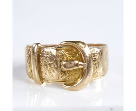 A 19th century 18ct gold buckle ring, engraved foliate decoration, indistinct hallmarks, band width 10.8mm, size L, 5gGood ov