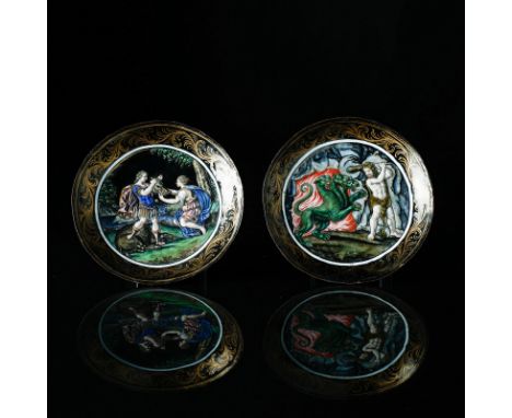 A pair of enamelled saucers France, 17th Century A pair of Limoges &#8203;saucers enamelled on metal with mythological subjec