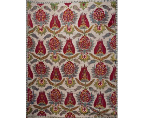 A Suzani Central Asia, 20th Century Cotton fabric embroidered with a floral pattern with pomegranate, a recurring motif in th