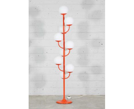 A German Kaiser-Leuchten floor lamp, 1960s, with nine globe lights, labelled 'Kaiser-Leuchten' and numbered '08674',146cm hig