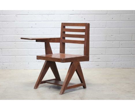 A teak paddle armchair,1950s, designed by Pierre Jeanneret for Chandigarh University and administrative buildings, with a sla