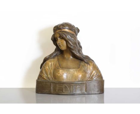 A Goldscheider Art Nouveau terracotta bust,'Edith', c.1910, designed by B Haniroff for Goldscheider, modelled as a young maid