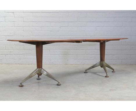 § A rare rosewood twin-pedestal dining table, c.1960, designed by Andrew J Milne for Heal's, with elliptical ends with a shal