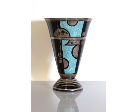 A French Art Deco silvered and enamel vase,c.1930, designed by Michel Herman, of flared form, the sides enamelled in textured