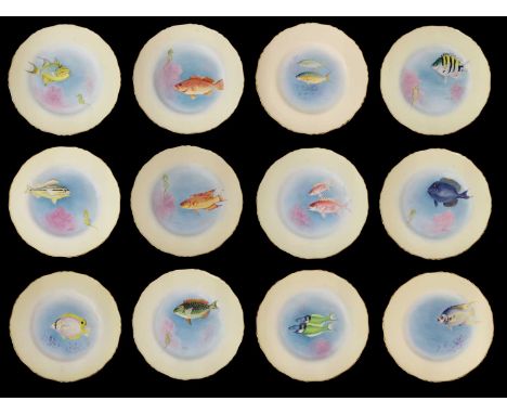 A group of twelve Royal Worcester porcelain plates,c.1930s, designed by Harry Ayrton, decorated with various named fish, sign