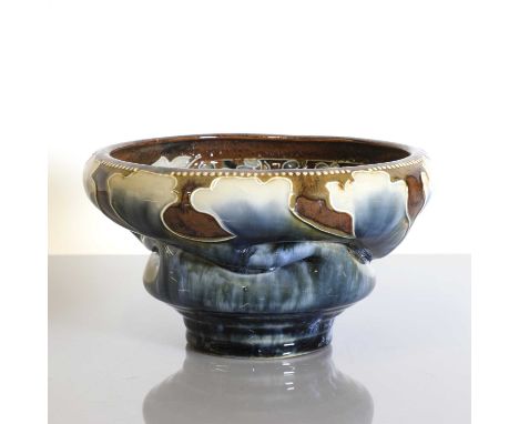 A Royal Doulton stoneware bowl, by Mark V Marshall, of squat form with a spiral slumped body, the inside and outer rim with s