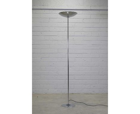 An SCE-France post-modern floor lamp,c.1980, with a large tilting reflector on a chrome base and stand, 183cm high