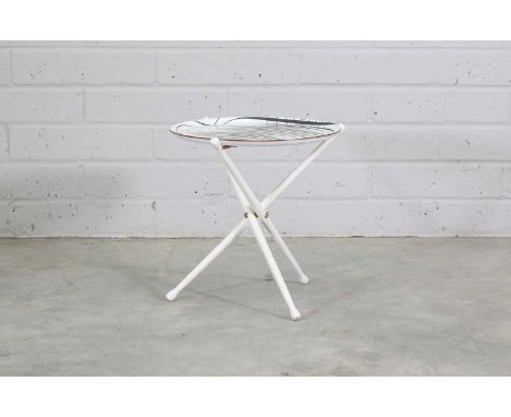A Swedish tray table,designed by Nils Trautner and Astrid Sampe for Ary, Sweden, with a lithographed tray, raised on a white 