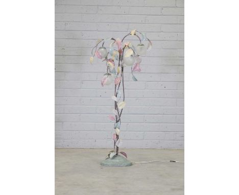 An Italian painted metal floor lamp,1970s, in the manner of Sergio Terzani, modelled as entwined branches and leaves, with fo