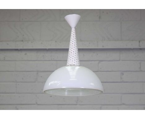 A French Holophane glass pendant light,1950s, attributed to Mathieu Matégot, the semispherical shade surmounted by a perforat