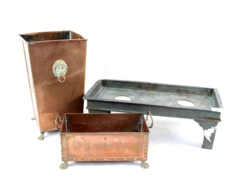 Three Victorian copper warming pans, spirit burner stand, stick stand plus a plant trough