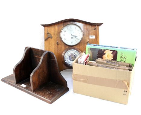 An oak hanging clock, barometer, wall clock, bracket, Victorian copper warming pan plus a box of books