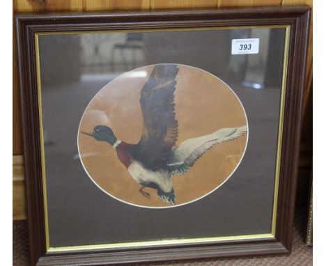 A circular oil with mallard decoration taken from lamp shade painted by Rowland Green, dia 9"