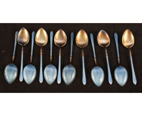 A set of twelve blue guilloche enamel coffee spoons marked 930 (damage to enamel on two)