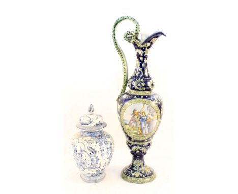 A Majolica urn table lamp plus other china including Folley Faience jar (some as found) (tray and box)