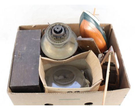 A brass oil lamp, model boats, decoy duck plus a cased and mounted bird (as found)
