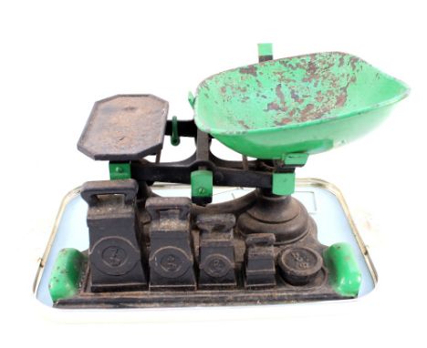 A Harrods branded knife cleaner plus kitchen scales and weights