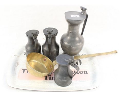 Three French and one English pewter lidded flagons plus a brass ladle