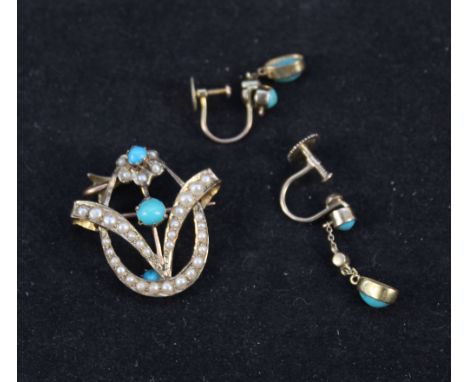 A 9ct gold Art Nouveau style turquoise and seed pearl set pendant (with brooch fitting) and a pair of yellow metal turquoise 