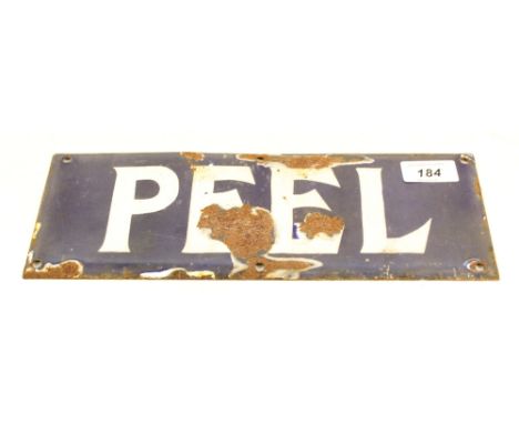 A blue and white enamel sign titled 'Peel', 4 1/2" x 12"