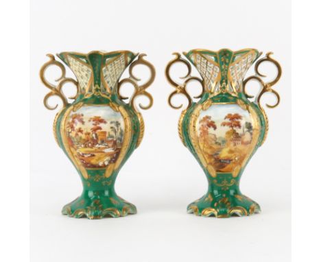 Pair Hand Painted Continental Reticulated Porcelain Vases. Unsigned. Significant paint loss and restoration to one, light wea