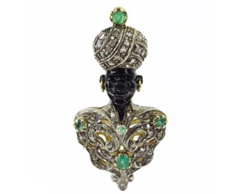 Vintage Italian Nardi style Approx. .40 Carat Diamond, .65 Carat Emerald, 18 Karat Yellow Gold and Enamel Pendant Brooch. Sta