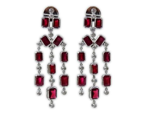 Approx. 14.58 Carat Ruby, 1.60 Carat Round Brilliant Cut Diamond and 18 Karat White Gold Chandelier Earrings. Rubies with viv