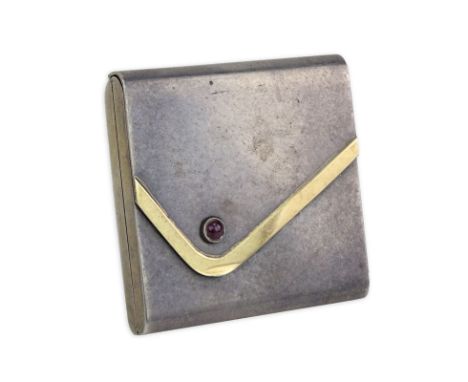 Art Deco Silver, Gold With Cabochon Ruby Compact. Unsigned. Surface scratches or in good condition. Measures 2-3/8" x 2-1/2" 