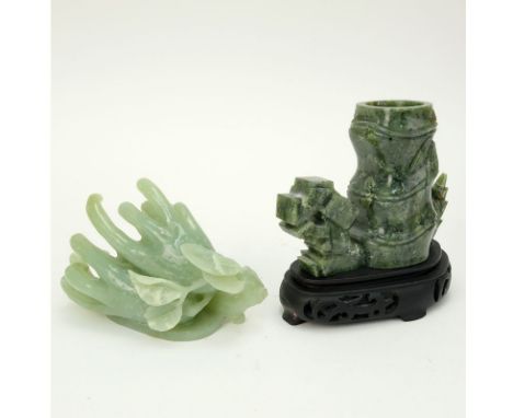 Two (2) Piece Chinese Carved Jade Lot including a Figural Bamboo Vase on Wood Base and a Figural Buddha's Hand. Unsigned. Goo