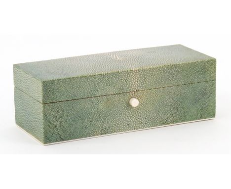 Vintage Shagreen Box. Wood Lined. Unsigned. Light scratches on bottom or in good condition. Measures 2-3/4" x 8-1/2" x 3-3/8"