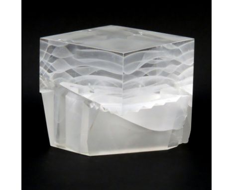 Steven Weinberg, American (b. 1954) Glass Cube Sculpture "680301" Cast, cut, polished with architectural elements. Signed. So