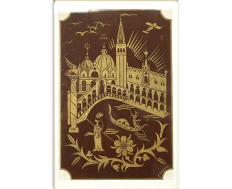 Fortunato Depero, Italian (1892 - 1960) Gold pen on brown Paper "Futurist Venice". Signed lower right. Light glue stains on c