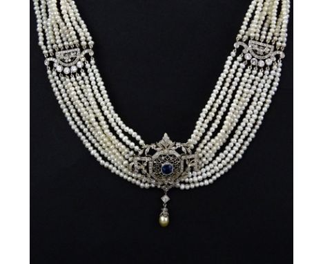 Art Deco Approx. 5.0 Carat Diamond, 1.0 Carat Sapphire, Pearl, 18 Karat Yellow Gold and Platinum Necklace. Diamonds E-G color