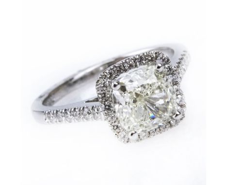 Approx. 2.22 Carat Diamond and 18 Karat White Gold Engagement Ring. Set in the Center with a 1.90 Carat Cushion Cut Diamond  