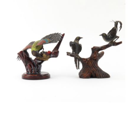 Collection of Two (2) Chinese Silver and Enamel Bird Figurines on Wooden Tree Stand. Minor bending to figures, needs cleaning