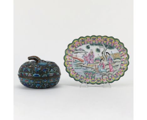 Grouping of Two (2) Chinese tabletop Items. Includes: canton enamel dish, silver enamel covered box. Dish is unsigned, box is