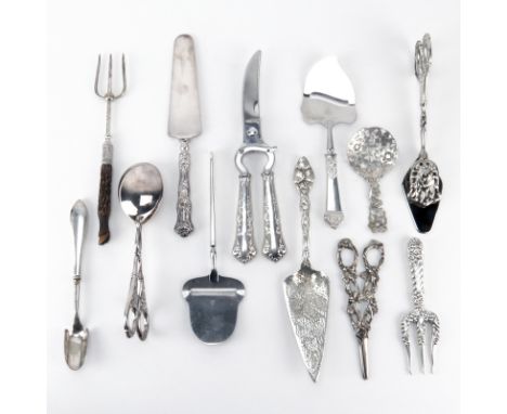 Grouping of Twelve (12) Sterling Silver, Silver Handle, and Silverplate Silverware. Includes: pierced sterling spoon, sterlin