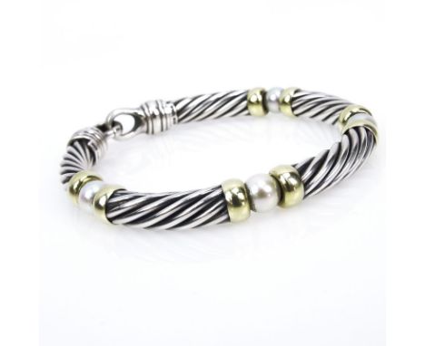 David Yurman Sterling Silver, 14 Karat Yellow Gold and Pearl Bracelet. Signed. Very good condition. Measures 1/4" W, 7" L. Ap