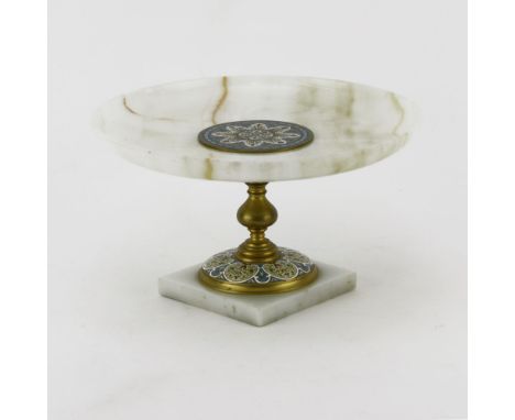 Antique French Onyx and Champleve Enamel Tazza. Unsigned. Tiny nicks on rim or in good condition. Measures 6-1/2" H x 11" dia