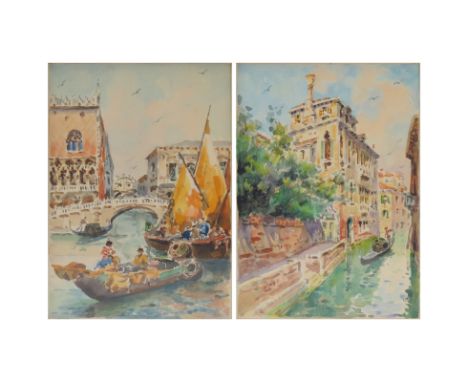 Raffaele Mainella, Italian (1858 - 1907) Pair watercolors "Venice Canal" Signed lower left. Light toning from age or in good 