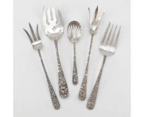 Lot of Five (5) Kirk & Stieff Sterling Silver Repousee Serving Pieces. Includes forks and a sugar shell. Longest fork measure