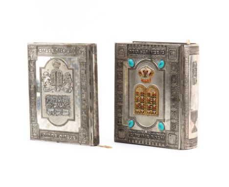 Two Judaica Silver Plate Covered Books. Includes: The Holy Scriptures, cover with inset turquoise stones and enamel. The othe