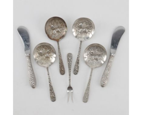 Seven (7) Piece Sterling Silver Repousse Serving Pieces. Includes 4 Kirk berry spoons, pickle fork, sterling handled spreader