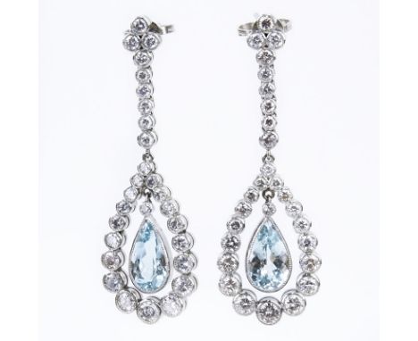 Vintage Approx. 4.50 Carat Round Brilliant Cut Diamond, 6.0 Carat Pear Shape Aquamarine and Platinum Chandelier Earrings. Dia