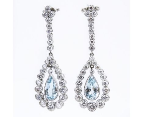 Vintage Approx. 4.50 Carat Round Brilliant Cut Diamond, 6.0 Carat Pear Shape Aquamarine and Platinum Chandelier Earrings. Dia