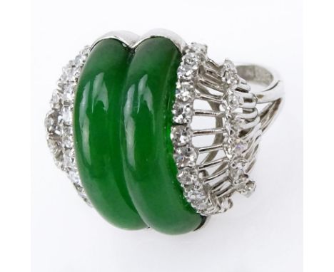 GIA and Mason-Kay Jade Laboratory Inc Certified Natural 'A' Jadeite Jade, Diamond and Platinum Ring. Two Jades measure approx