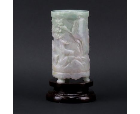 Antique Chinese Carved Light Green Jade Brush Pot on Wooden Base. Reindeer and landscape relief. Natural wear to surface. Pot