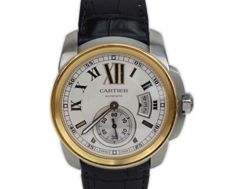 Man's Cartier Calibre 3299 Stainless Steel and 18 Karat Rose Gold Automatic Movement watch with Crocodile Strap. Serial # 329