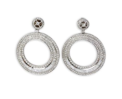 Approx. 10.75 Carat Round Brilliant and Baguette Cut Diamond and 18 Karat White Gold Chandelier Earrings. Diamonds F-G color,