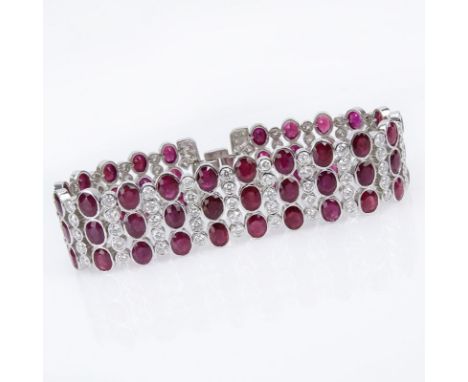 Fine Quality Approx. 27.50 Carat Oval Cut Burma Ruby, 5.70 Carat Round Brilliant Cut Diamond and 18 Karat White Gold Bracelet